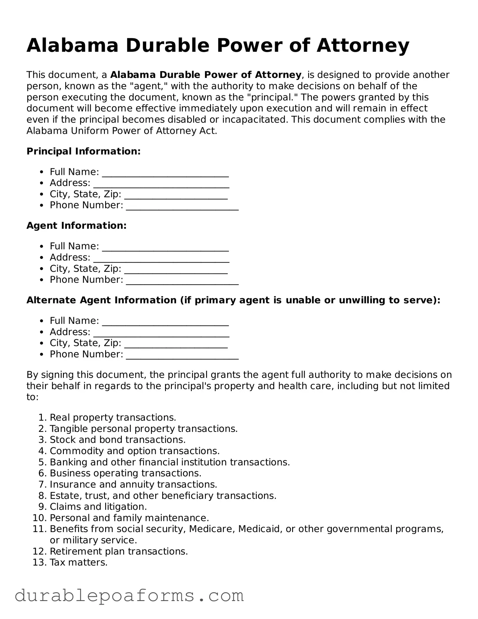 Attorney-Verified  Durable Power of Attorney Document for Alabama