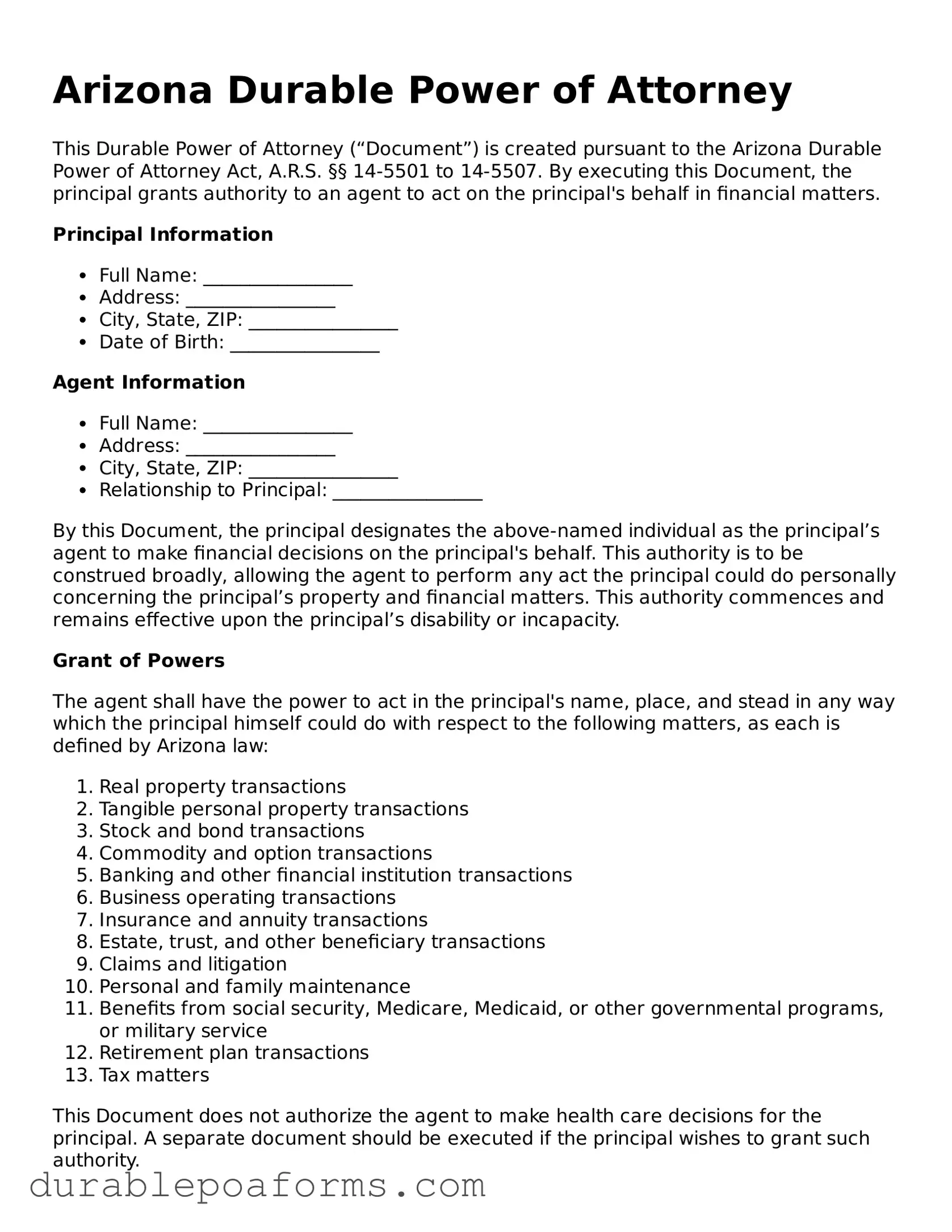 Printable arizona durable power of attorney form durable power of