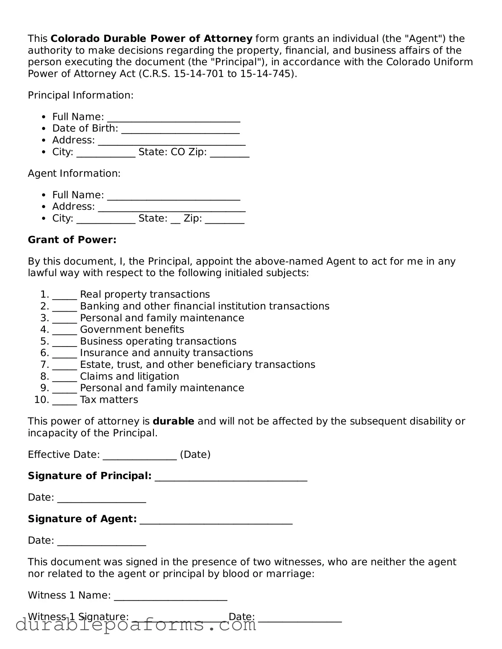 Attorney-Verified  Durable Power of Attorney Document for Colorado