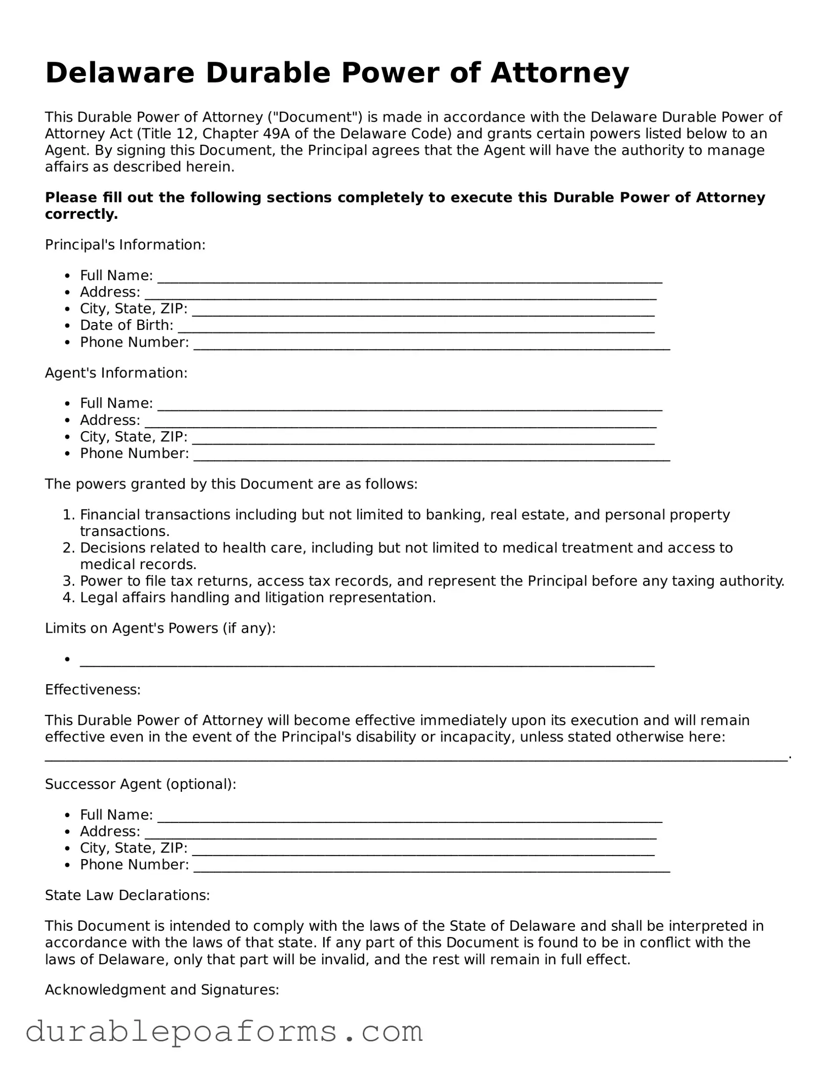 Attorney-Verified  Durable Power of Attorney Document for Delaware