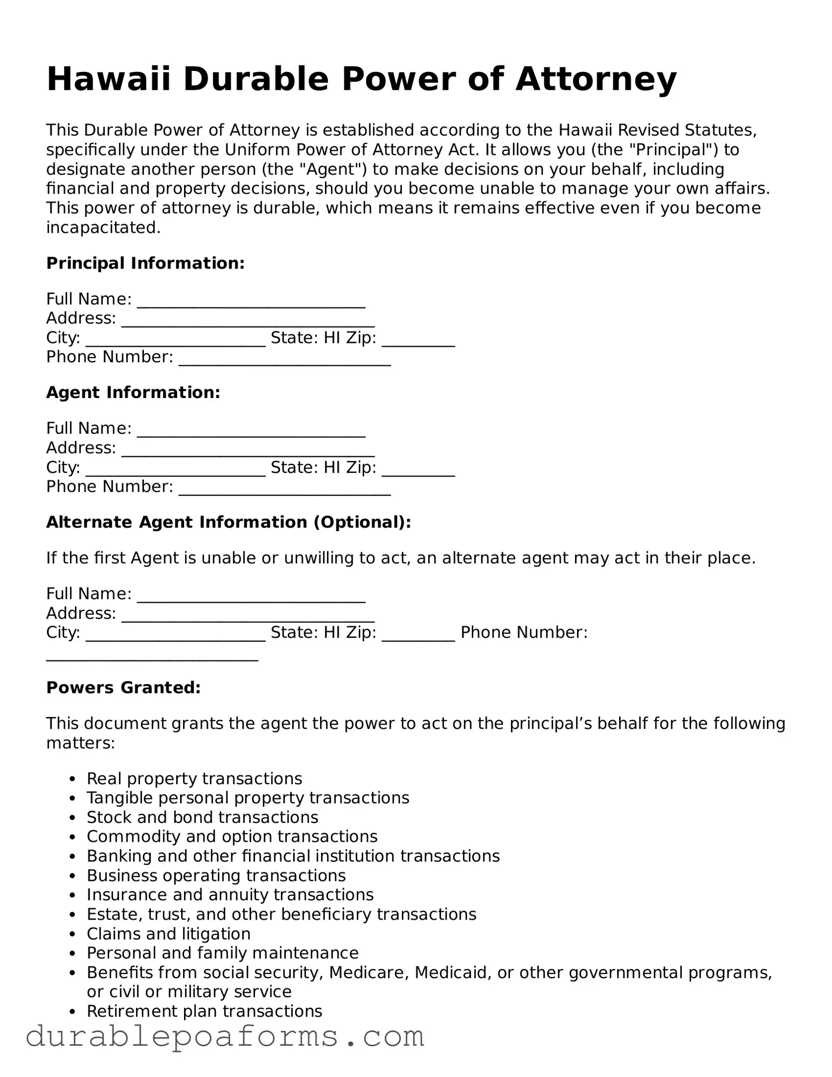 Attorney-Verified  Durable Power of Attorney Document for Hawaii