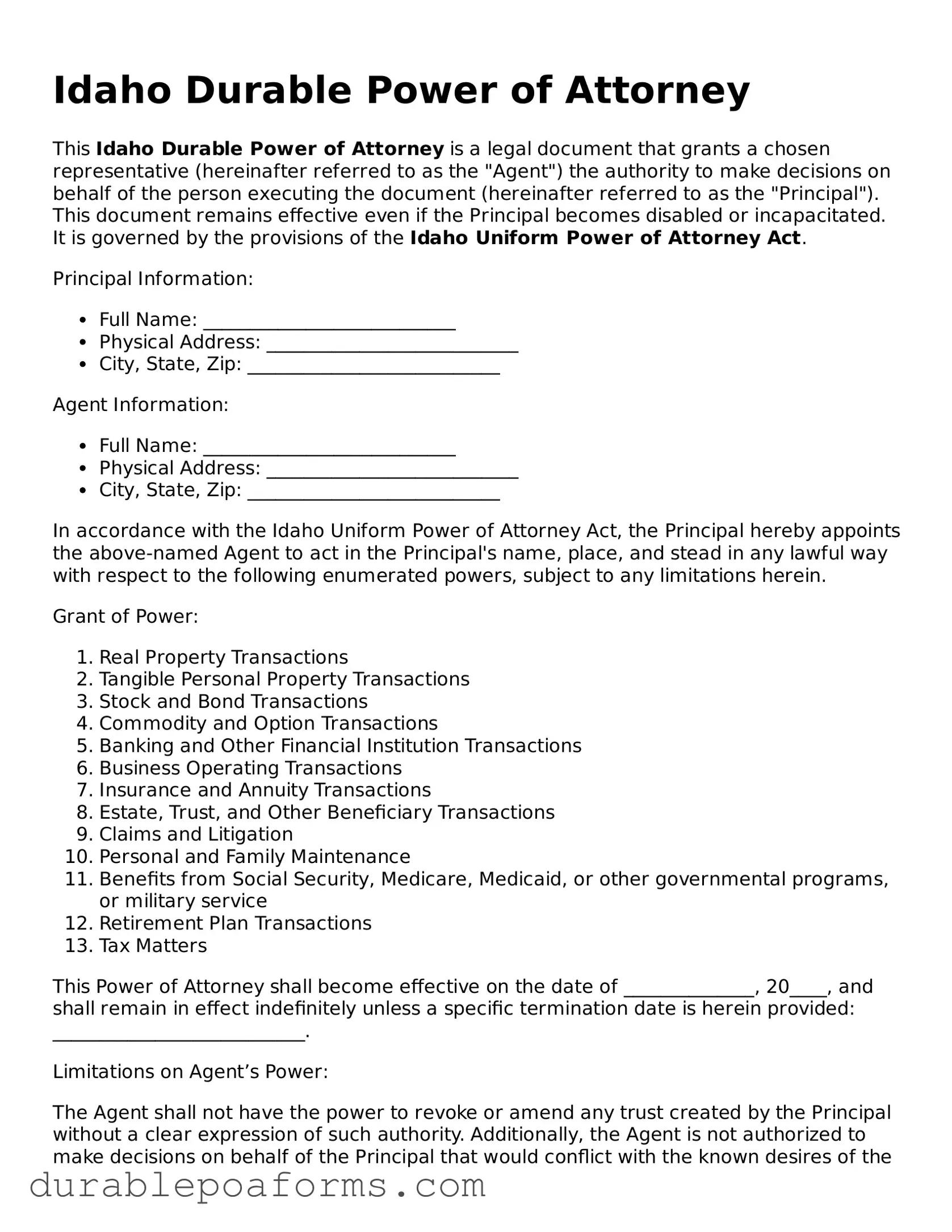 Attorney-Verified  Durable Power of Attorney Document for Idaho