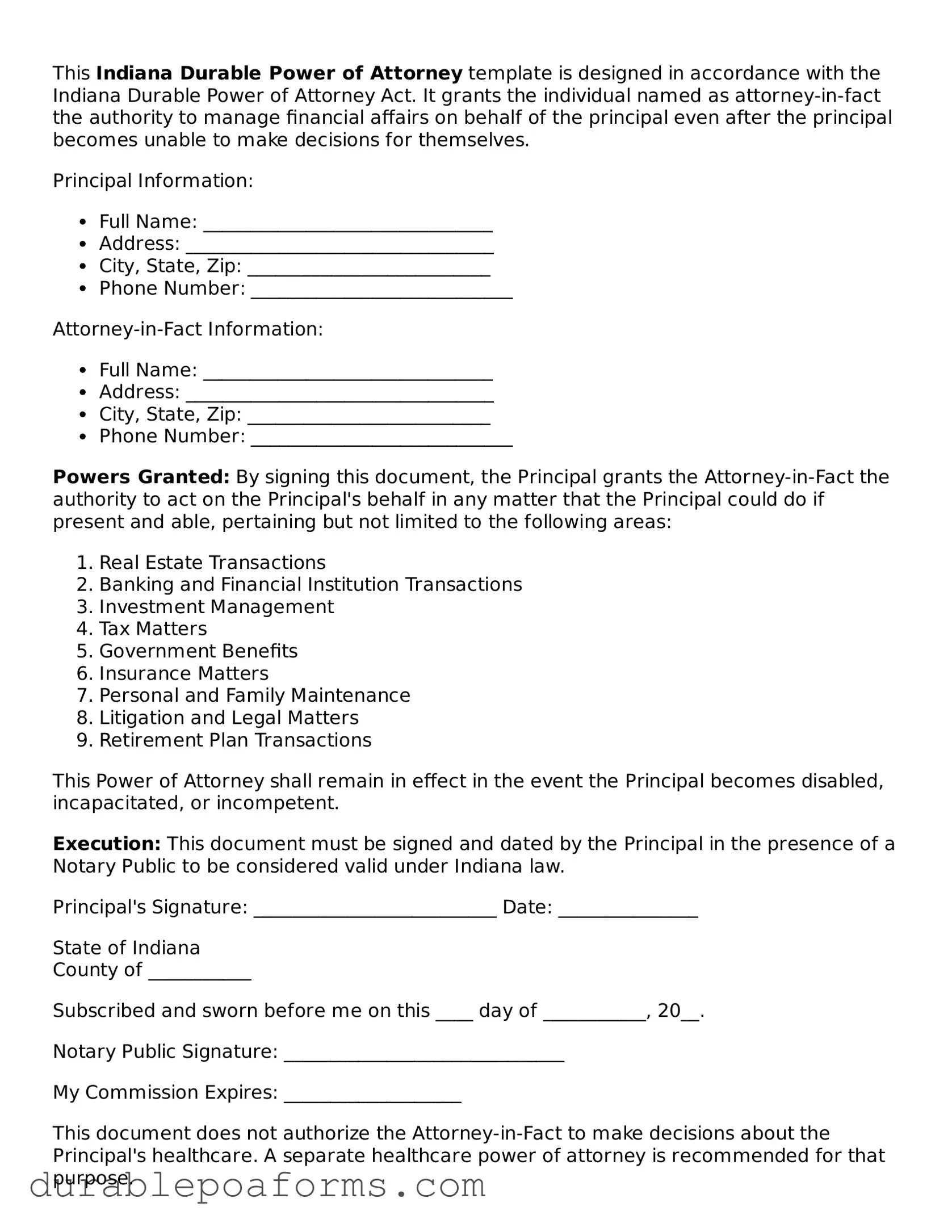 Attorney-Verified  Durable Power of Attorney Document for Indiana