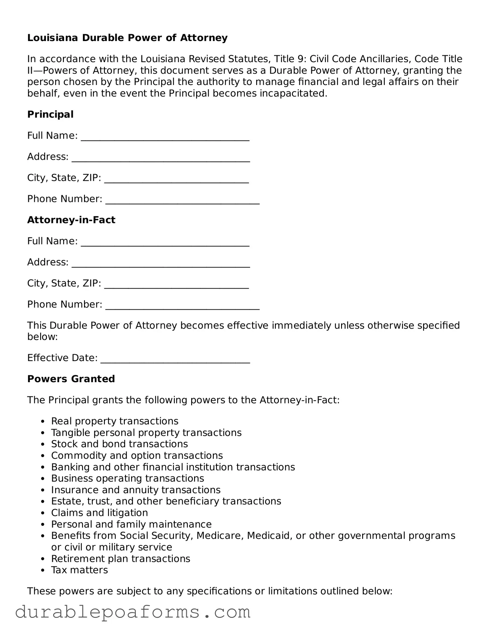 Attorney-Verified  Durable Power of Attorney Document for Louisiana