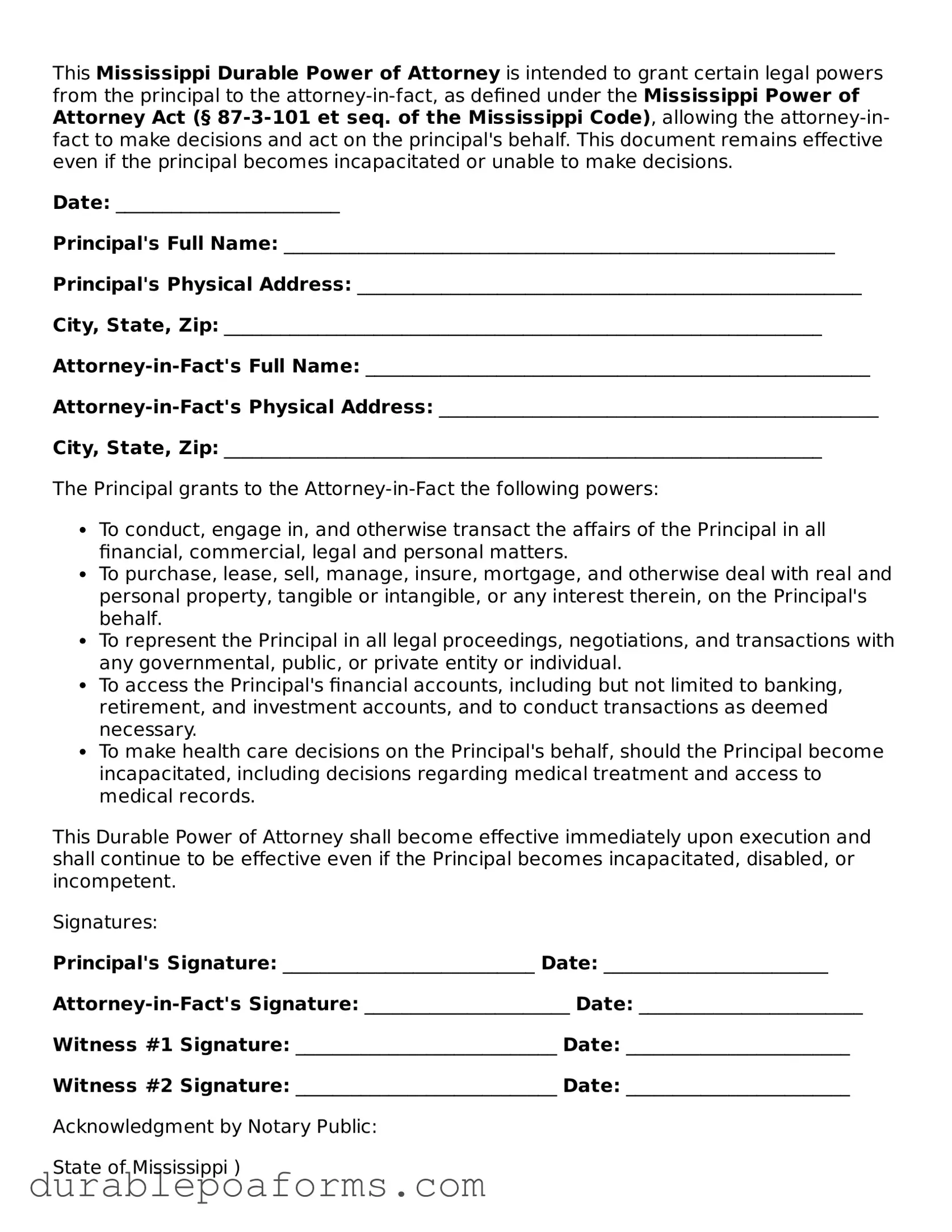 Attorney-Verified  Durable Power of Attorney Document for Mississippi