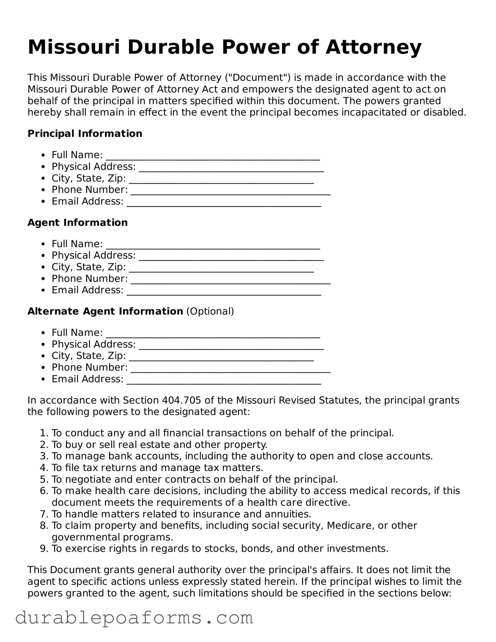 Attorney-Verified  Durable Power of Attorney Document for Missouri