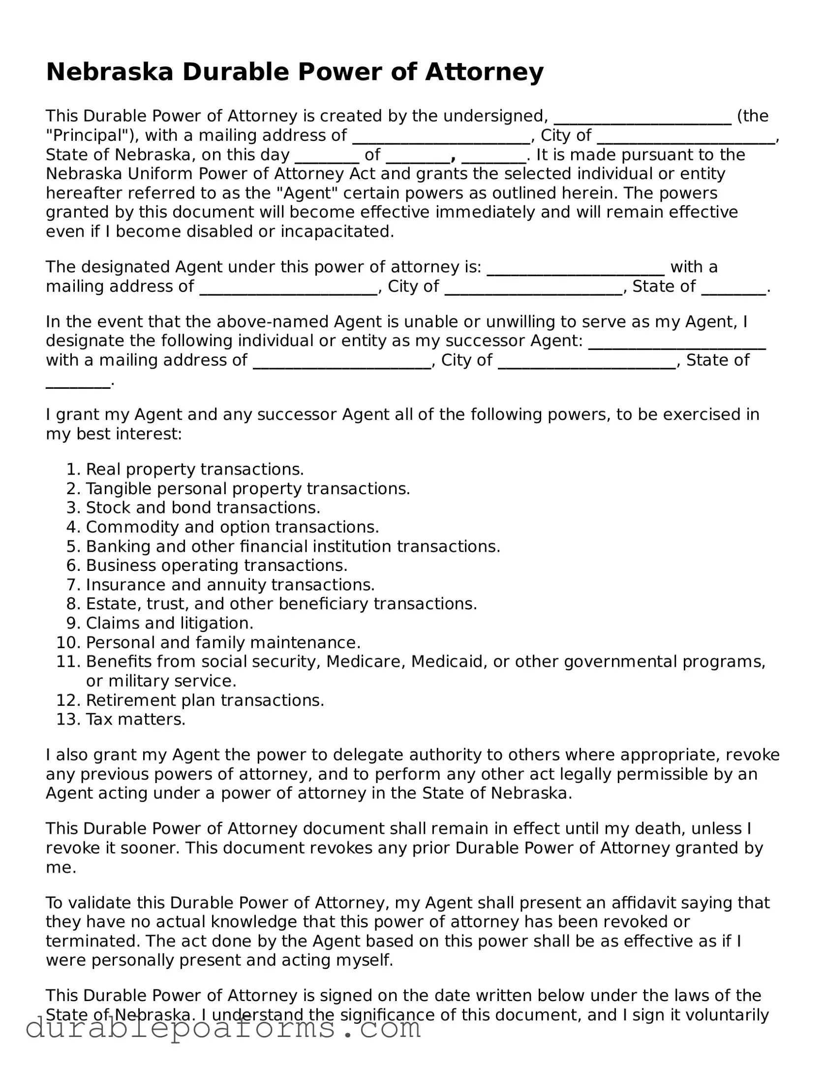 Attorney-Verified  Durable Power of Attorney Document for Nebraska