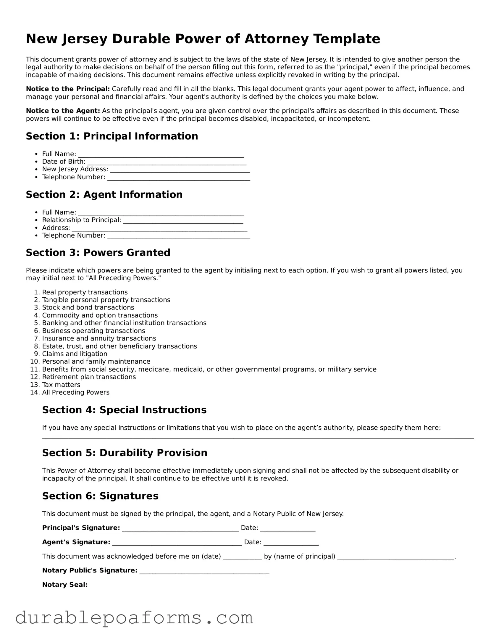 Attorney-Verified  Durable Power of Attorney Document for New Jersey