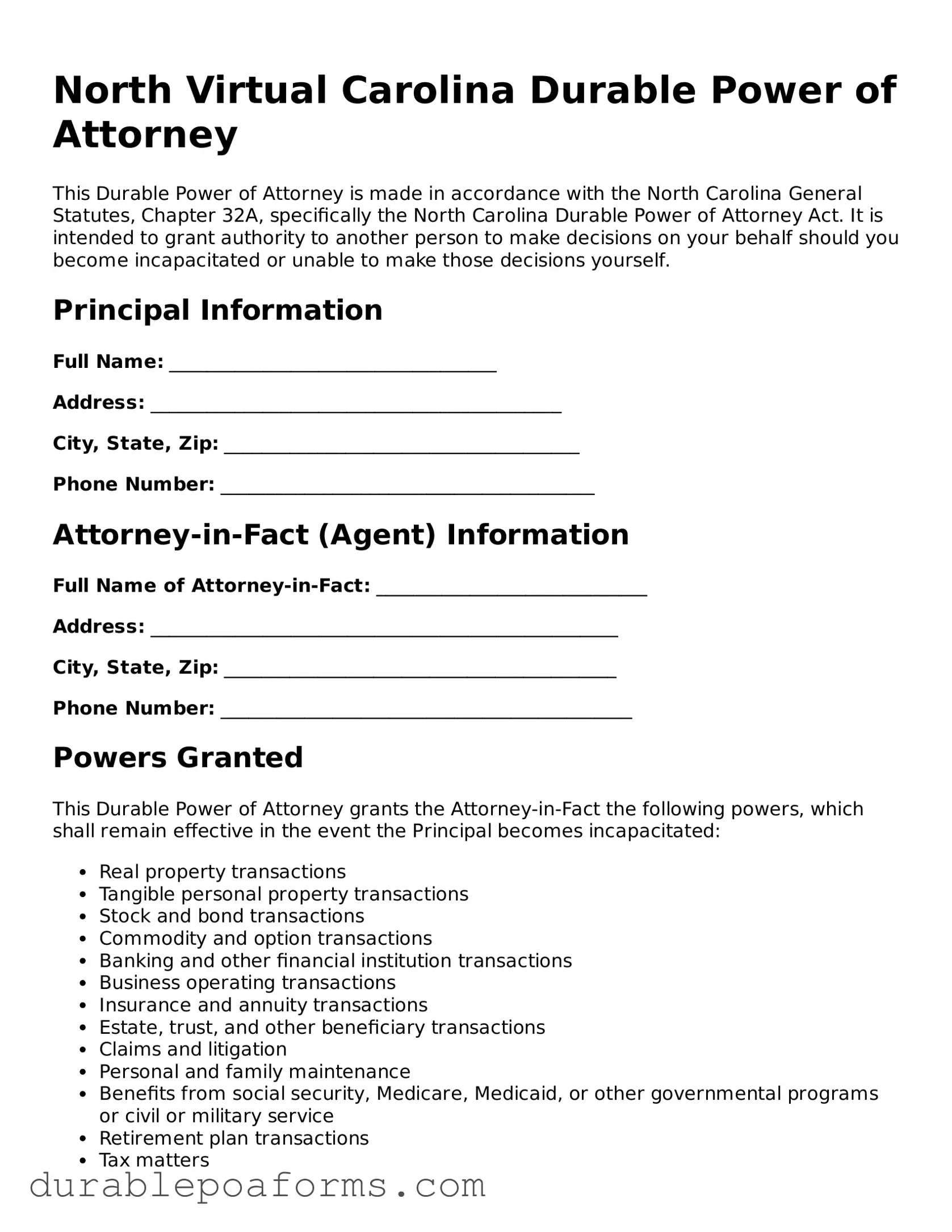 Attorney-Verified  Durable Power of Attorney Document for North Carolina