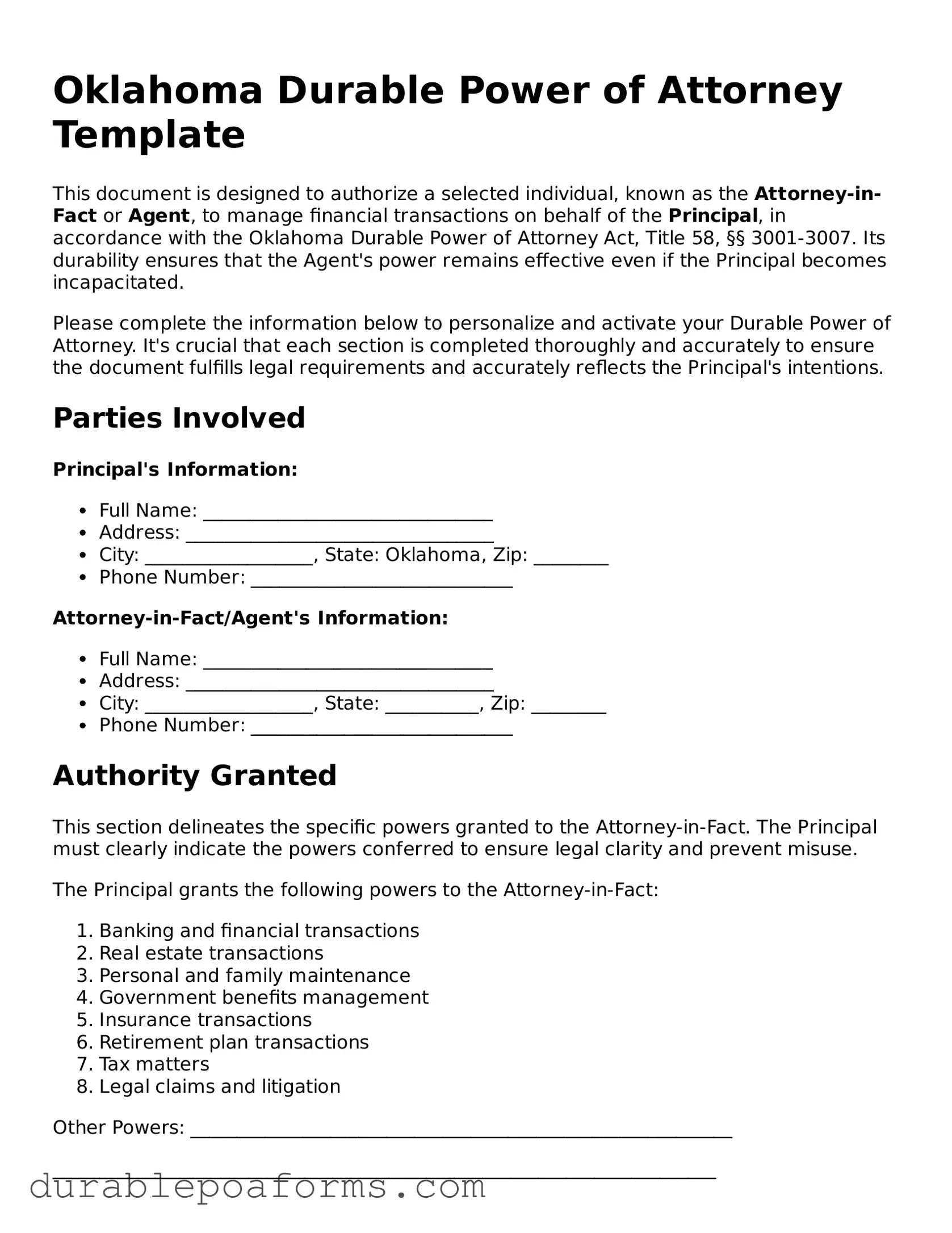 Attorney-Verified  Durable Power of Attorney Document for Oklahoma