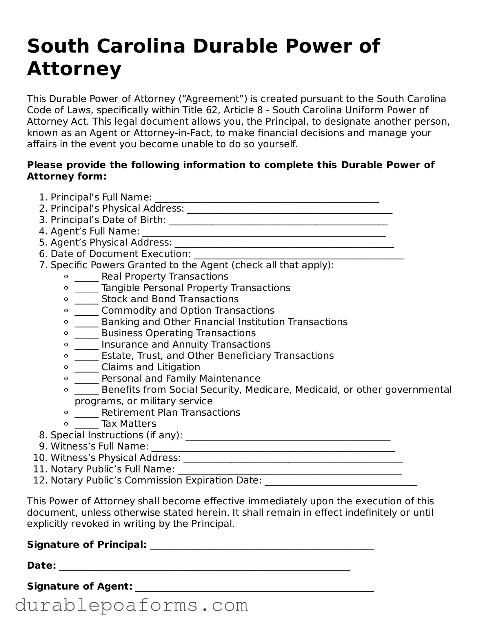 Attorney-Verified  Durable Power of Attorney Document for South Carolina