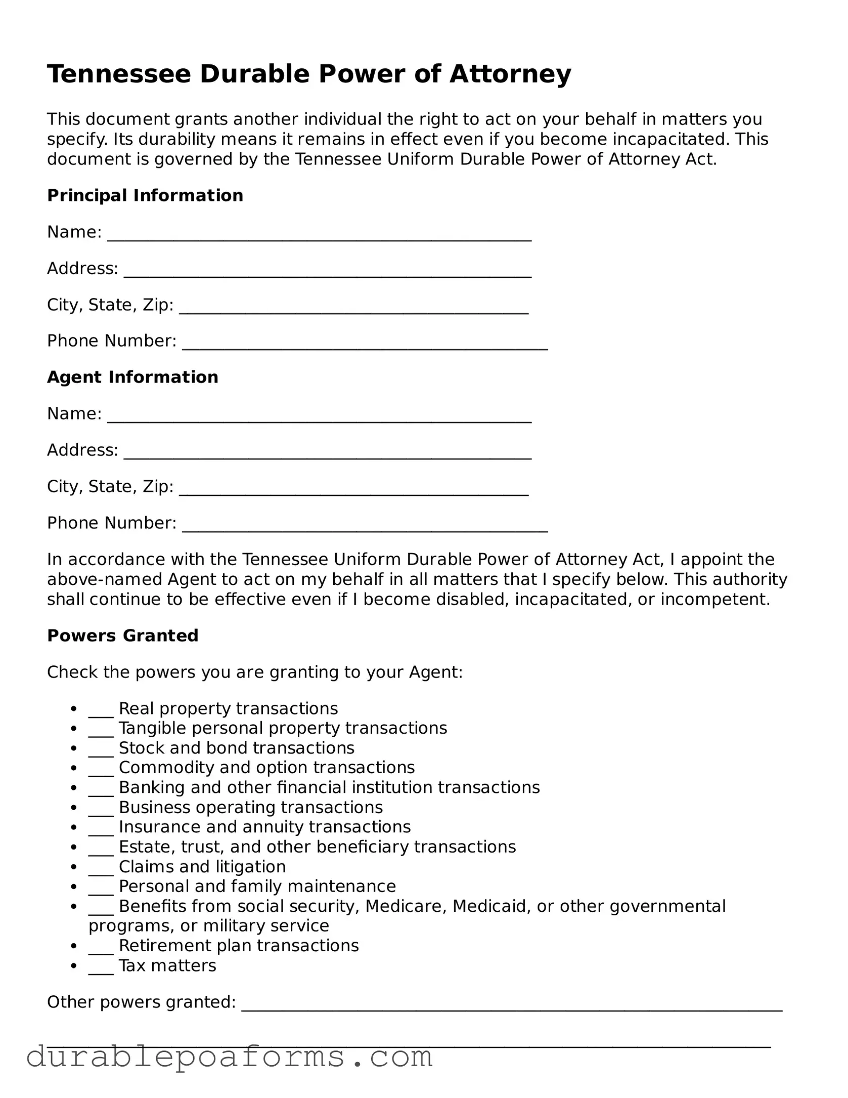 Attorney-Verified  Durable Power of Attorney Document for Tennessee