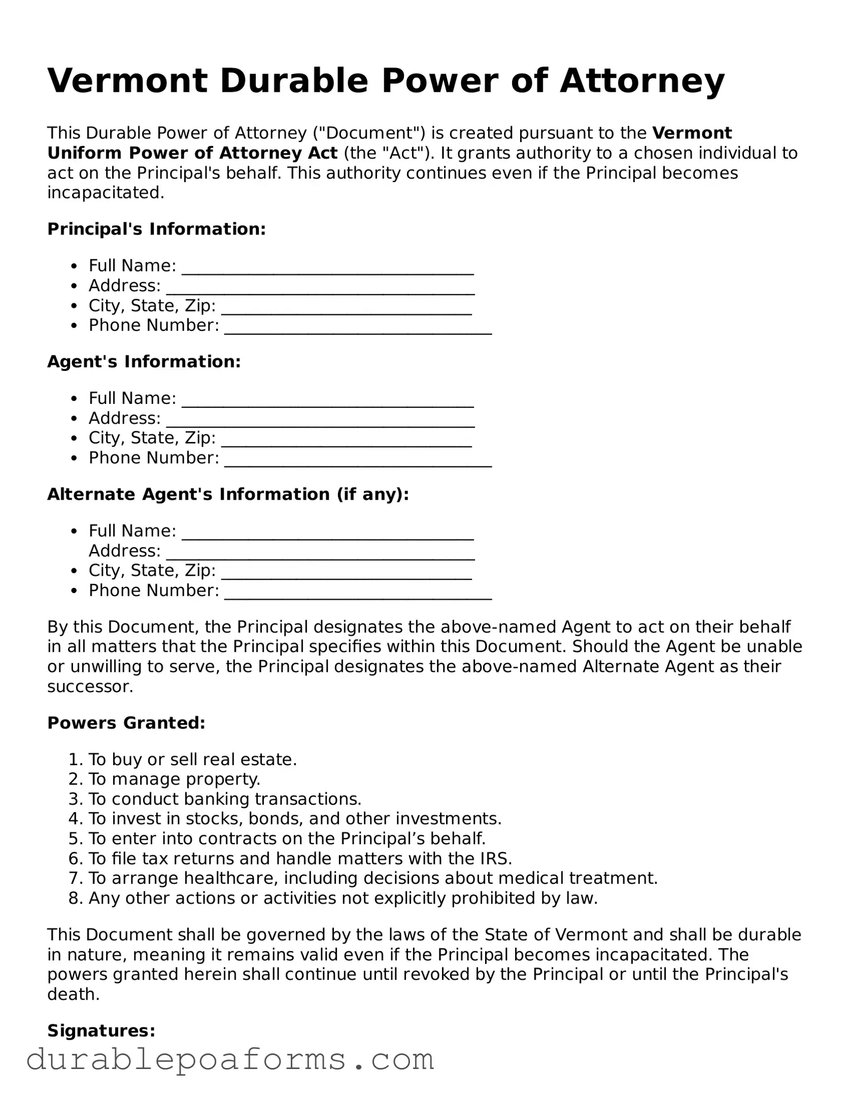 Attorney-Verified  Durable Power of Attorney Document for Vermont
