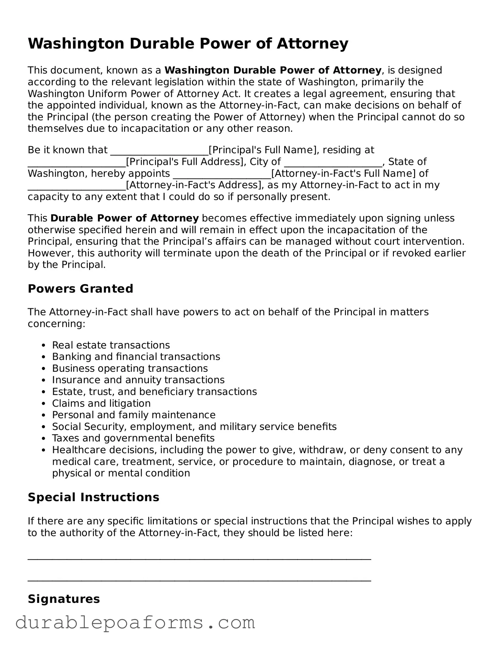 Attorney-Verified  Durable Power of Attorney Document for Washington