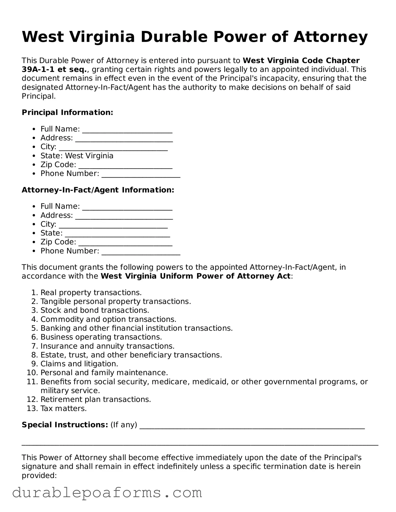 Attorney-Verified  Durable Power of Attorney Document for West Virginia