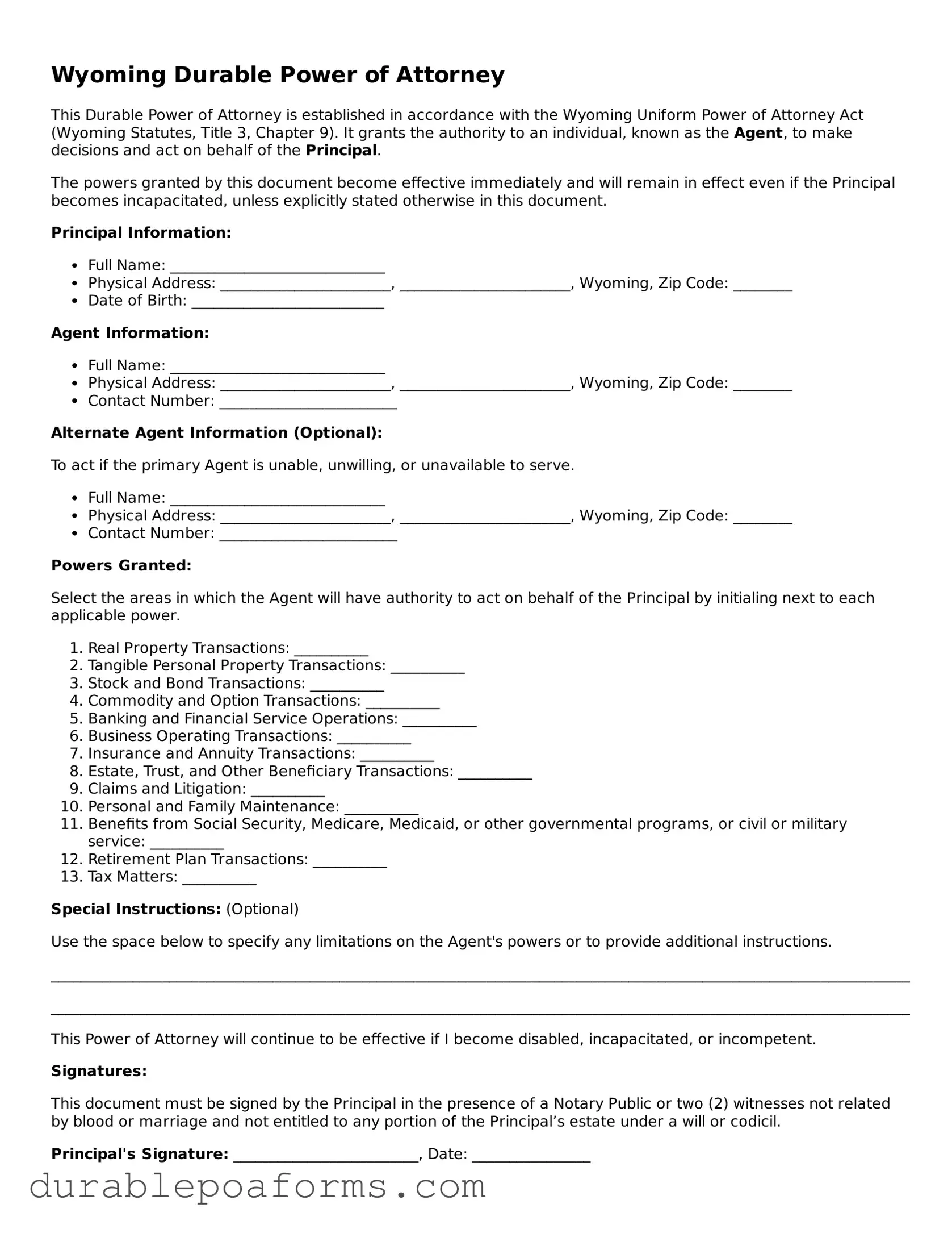 Attorney-Verified  Durable Power of Attorney Document for Wyoming